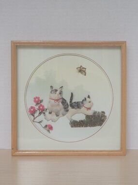 Vintage Chinese 3D Kittens Cat Flowers Feather Art Mid Century Shadow Box Frame